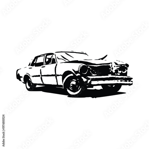 Vintage retro illustration of wrecked car damaged vehicle black and white grunge style vector art