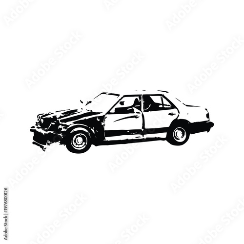 Vintage retro illustration of wrecked car damaged vehicle black and white grunge style vector art