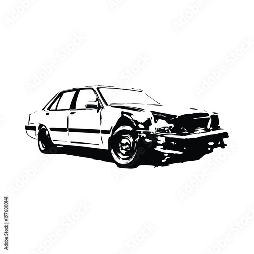 Vintage retro illustration of wrecked car damaged vehicle black and white grunge style vector art