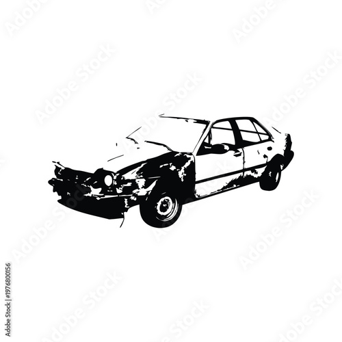 Vintage retro illustration of wrecked car damaged vehicle black and white grunge style vector art
