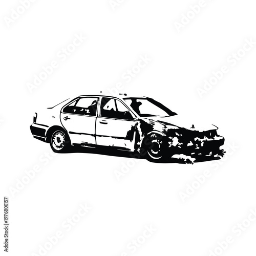 Vintage retro illustration of wrecked car damaged vehicle black and white grunge style vector art