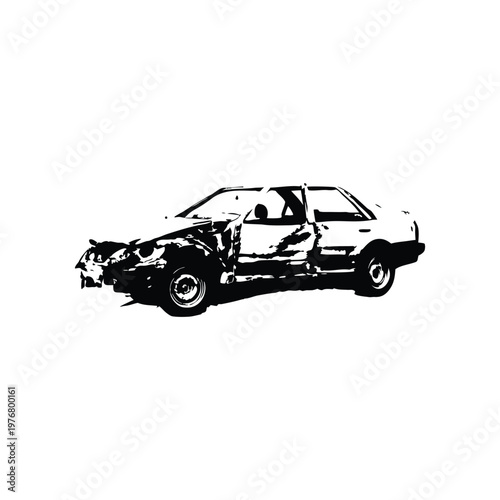 Vintage retro illustration of wrecked car damaged vehicle black and white grunge style vector art