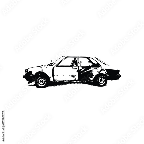 Vintage retro illustration of wrecked car damaged vehicle black and white grunge style vector art