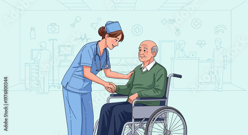 Nurse assisting elderly man in wheelchair at hospital