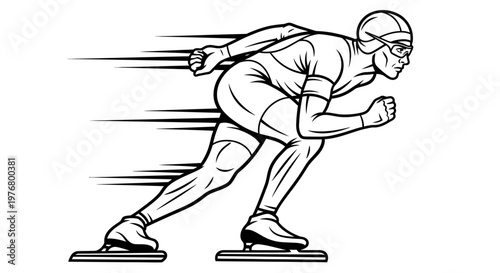 Speed skater races forward with motion lines behind him on ice