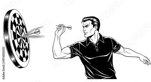 Man throws dart at target board in Sports competition with skill