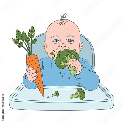 Baby Eating Carrot and Broccoli in High Chair, Messy Mealtime Illustration
