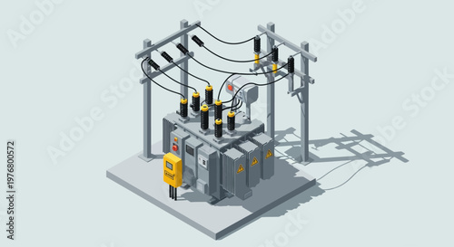 An industrial electrical substation with transformers and power lines installed on a concrete platform