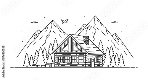 A serene cabin sits at the base of snow-capped mountains surrounded by trees.