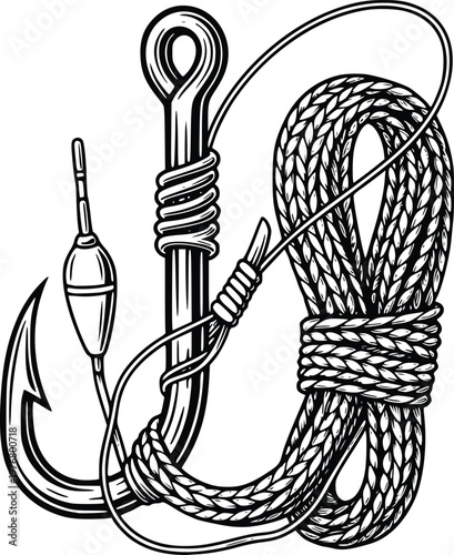 Hand Drawn Fishing Hook with Rope and Float Vintage Engraving Vector Illustration
