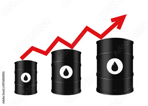 Three black oil barrels in ascending size with red upward arrow showing rising price trend