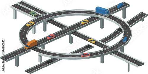 Isometric highway interchange with cars and trucks for transportation and infrastructure design