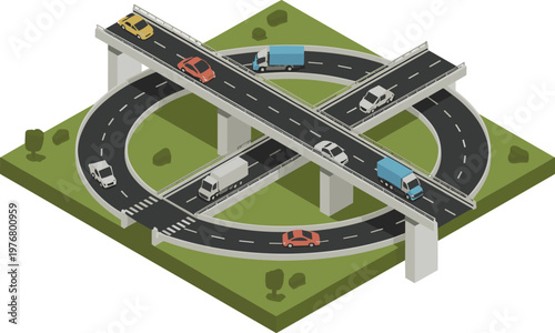 Isometric highway interchange with circular overpass and traffic vehicles for urban infrastructure design