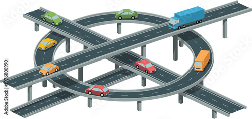 Isometric highway interchange with multilayer roads and vehicles for transport and infrastructure design