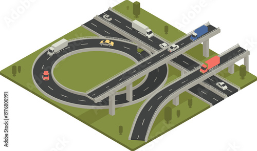 Isometric highway interchange with circular overpass and vehicles for transport infrastructure design