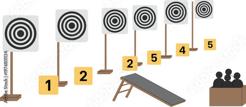 Minimalist shooting range targets with scoring system and ramp for training and game design