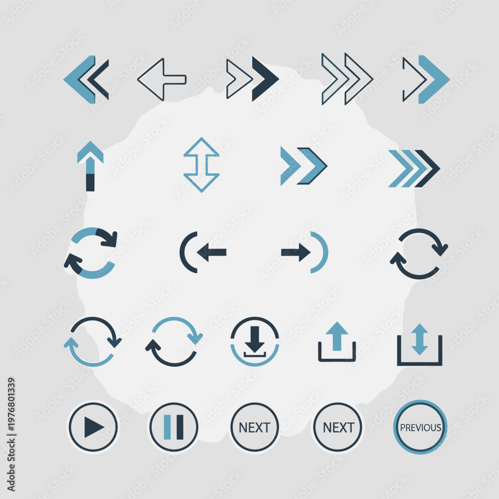 Fototapeta premium A collection of various arrow icons and navigation symbols, including play, pause, next, and previous buttons, presented on a textured background.