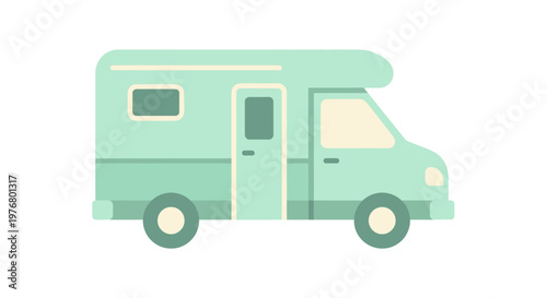 Minimalist illustration of a mint green camper van on a white background.