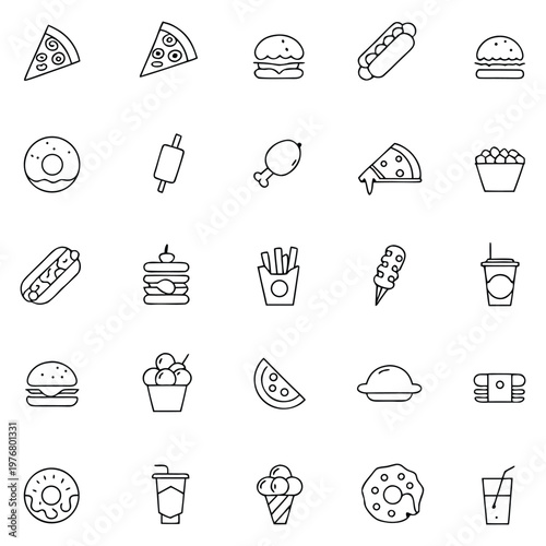 Fast food icons set. Thin line vector illustration restaurant delivery snacks drinks. Burger, pizza, sandwich, hot dog, soda, sweets