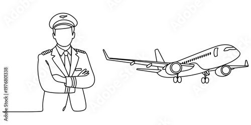 continuous one line drawing Airline pilot, aviation icon, line art illustration, flight captain, airplane vector