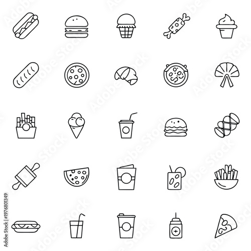 Fast food icons set. Thin line vector illustration restaurant delivery snacks drinks. Burger, pizza, sandwich, hot dog, soda, sweets