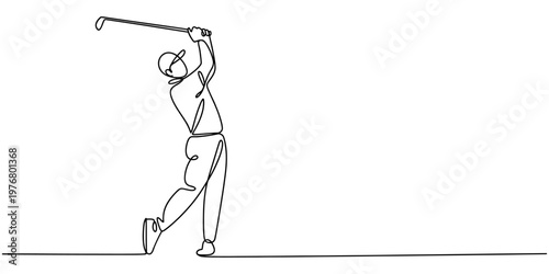 Continuous line golf player swinging club, minimalist vector illustration, sport icon, golfing silhouette