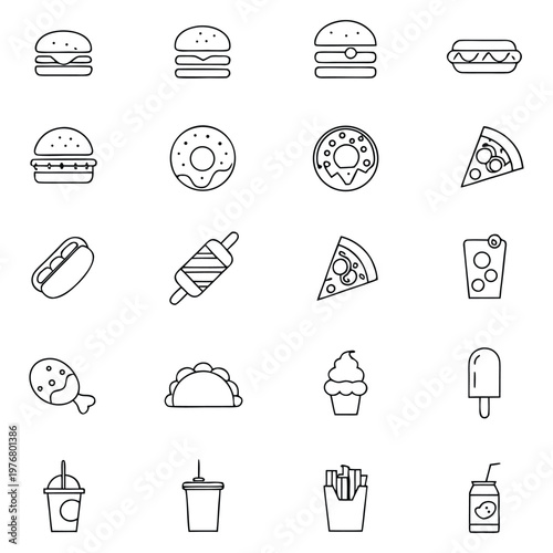 Fast food icons set. Thin line vector illustration restaurant delivery snacks drinks. Burger, pizza, sandwich, hot dog, soda, sweets