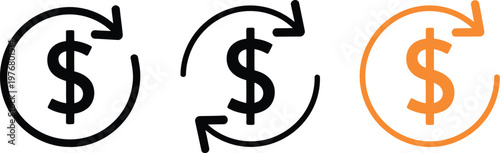 Currency exchange arrow icon set, vector symbols with dollar sign and circular rotation arrows representing financial transactions money transfer and banking interface design.