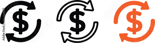 Currency exchange arrow icon set, modern vector icons featuring dollar symbol and circular arrows for finance banking systems money transfer and payment processing design.