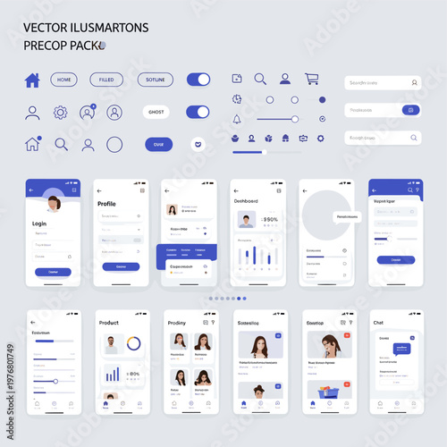 Tableau sur toile Collection of UI elements and mobile app screens for user profiles, dashboards, and login/signup processes, featuring a consistent blue and white color scheme