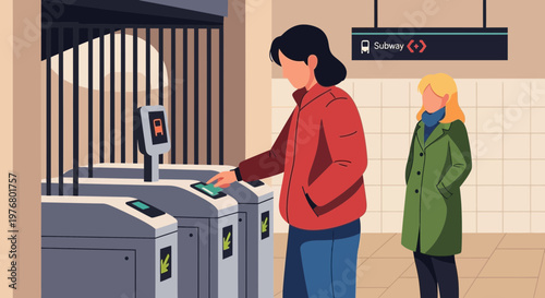 Woman using ticket machine at station.