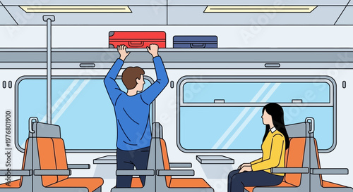 Man placing luggage on train rack.