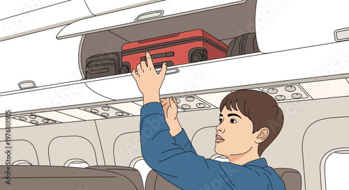 Schilderij op canvas Man storing luggage in airplane compartment.