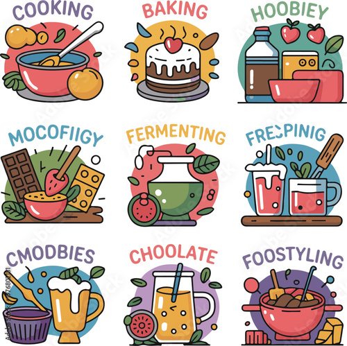 Colorful illustrated icons showcasing various culinary hobbies and food preparation activities