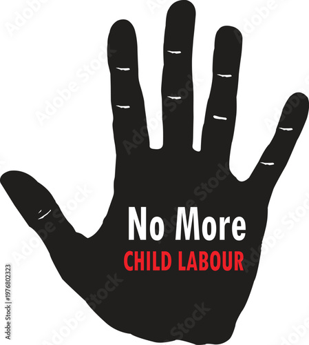 No More Child Labor Awareness Campaign Hand A symbolic hand with the slogan 'No More Child Labor' on a white background, representing awareness and advocacy against child exploitation.