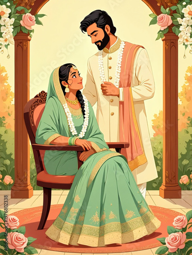 Elegant Vector Illustration of South Asian Couple