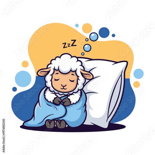 Cute cartoon sheep sleeping soundly on a pillow under a cozy blue blanket.