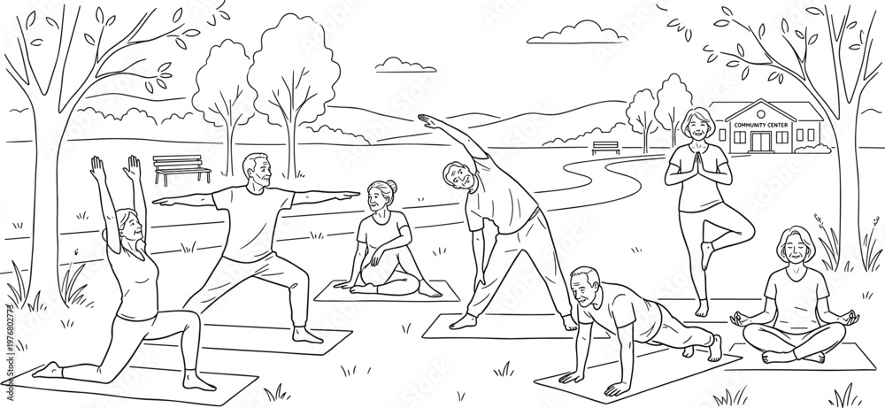 Fototapeta premium Active senior group practicing yoga and stretching exercises in outdoor park for healthy lifestyle wellness and community fitness line art vector.