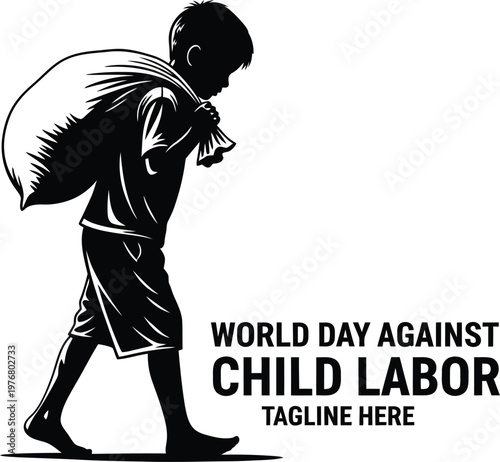 World Day Against Child Labor Awareness Illustration A poignant illustration for World Day Against Child Labor, featuring a silhouette of a child carrying a heavy load, symbolizing the struggles and h