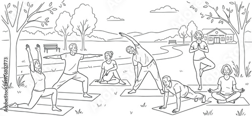 Active senior group practicing yoga and stretching exercises in outdoor park for healthy lifestyle wellness and community fitness line art vector.