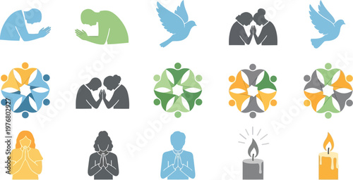Community icons represent diverse people in prayer, group unity, and spiritual contemplation through a collection of flat colorful vector illustrations.