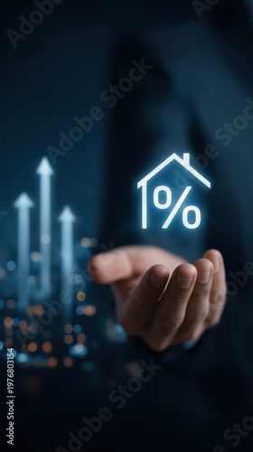 A hand holding a glowing house icon with a percentage symbol, symbolizing mortgage rates and real estate investment growth.