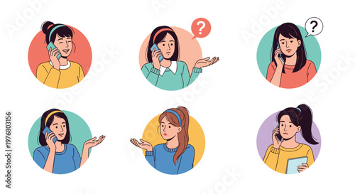 Six circular portraits of young women on mobile phone calls with various expressions ranging from happiness and laughter to worry.