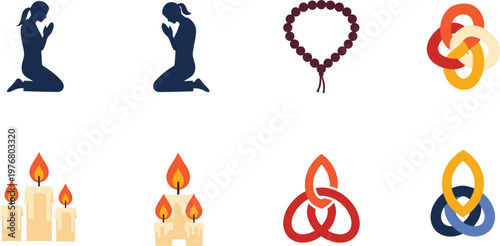 Prayer silhouettes and ritual objects illustrate meditative practices and spiritual contemplation in a modern design style.