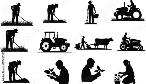 farming, agriculture, tractor, oxen, harvest, crops, soil, seedlings, plowing, cultivation, rural, workers, basket, plants, machinery