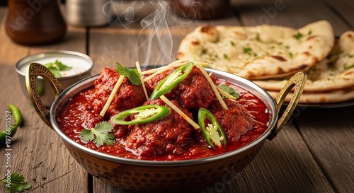 Indian cuisine, chicken tikka masala with naan bread on wooden table
