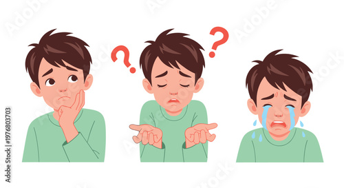 Young boy in a green shirt showing three different levels of sadness including thinking, being worried, and crying.