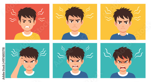 Set of six panels showing a young man with different intense expressions of anger, frustration, and fury on his face.