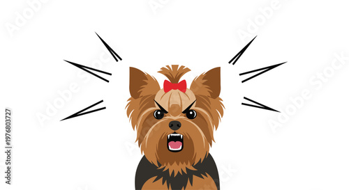 Aggressive and angry little yorkshire terrier dog barking loudly with sharp teeth showing and black lines for emphasis.