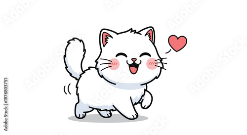 Happy white fluffy kitten walking happily with a small pink heart floating nearby expressing love and affection.